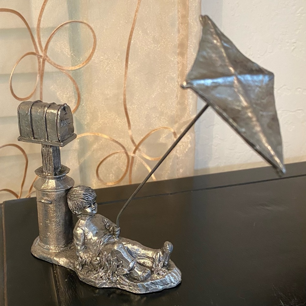 Vintage pewter figurine, kid with kite, cream can mail box